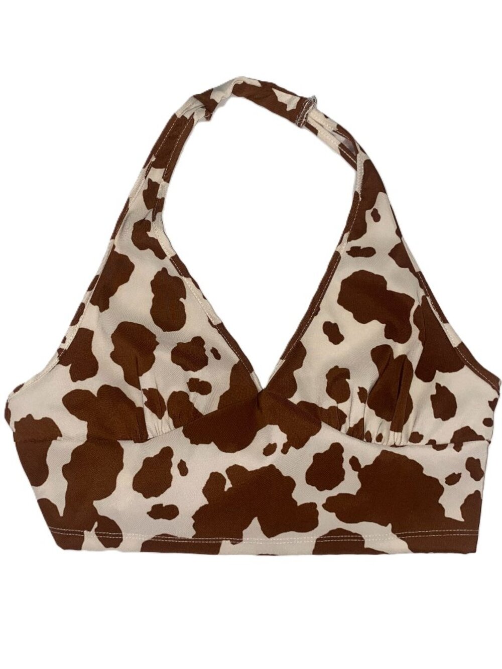 Y2K Western Cow Print Halter Top Brown Cream Flirty Summer Rodeo Chic M Fit